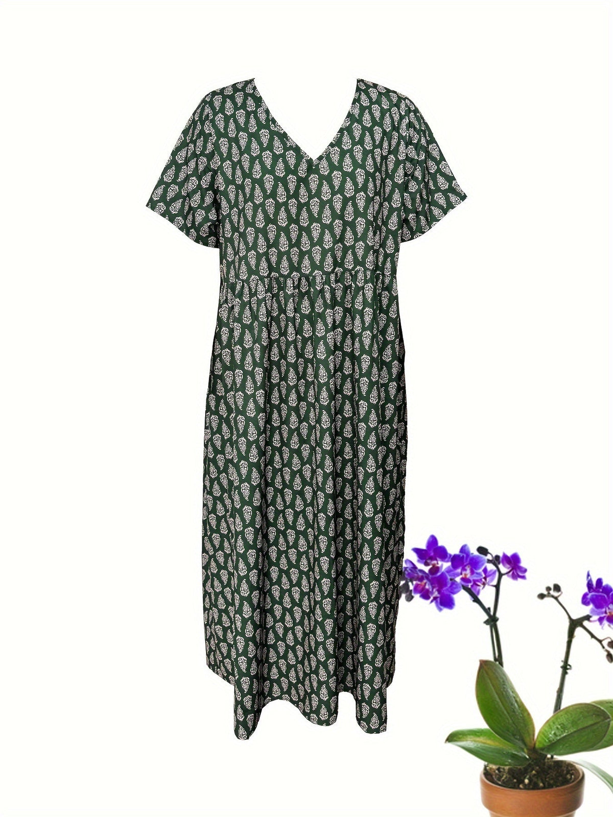 All Over Print Dress, Casual V Neck Short Sleeve Dress