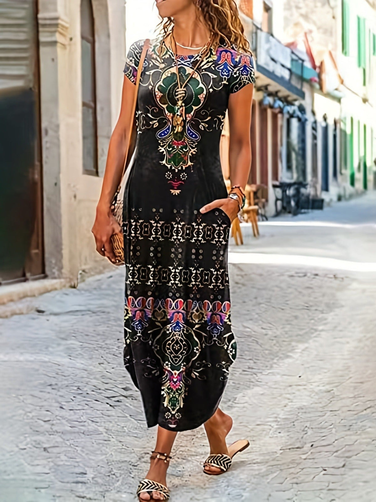 Boho Paisley Print Crew Neck Dress, Casual Short Sleeve Dress
