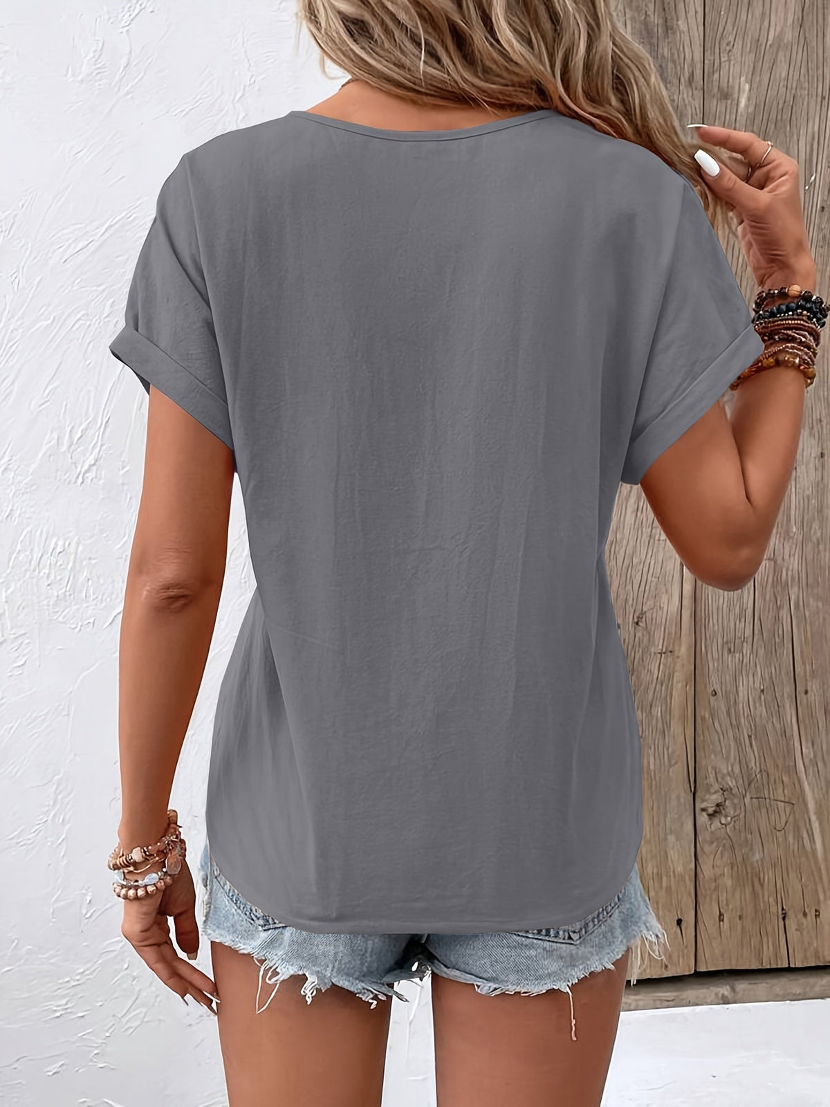 Elegant V-Neck Short Sleeve Button Detail Blouse
