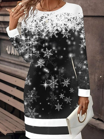 Creative Retro Printing Comfortable Soft Crew Neck Hip Wrap Knitted Sweater Dress