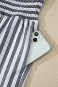 Black Stripe Shirred High Waist Loose Summer Pants