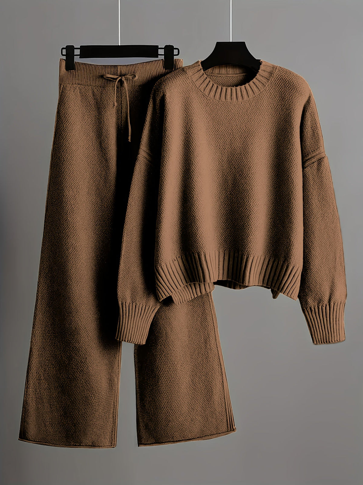 Solid Color Round Neck Sweater & Wide-Leg Pants Two-Piece Set