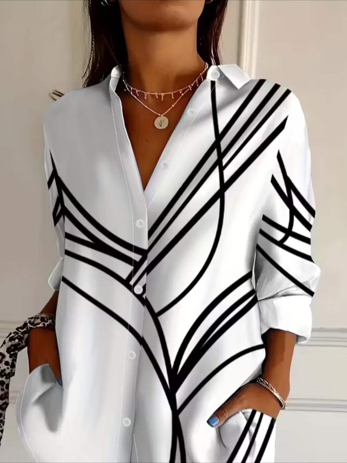 Casual Stripe Print Blouse with Lapel Collar