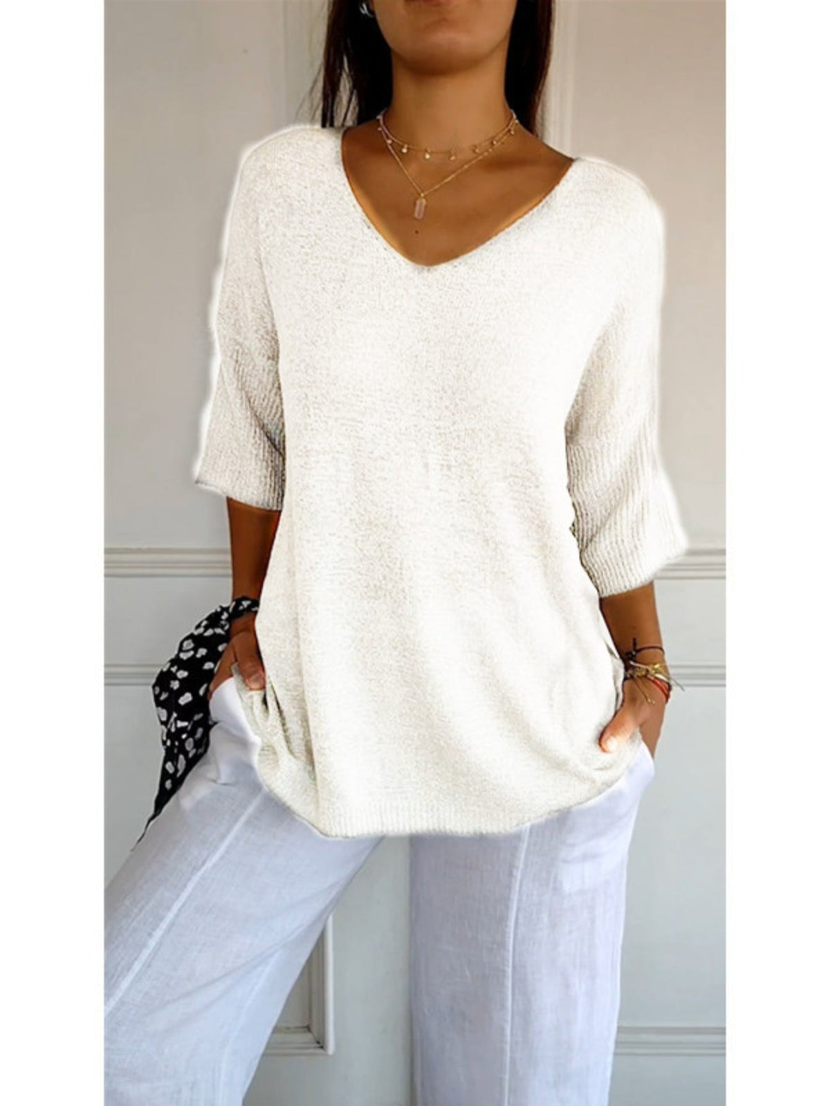Cozy V Neck Pullover Three-Quarter Sleeve Knitted Sweater