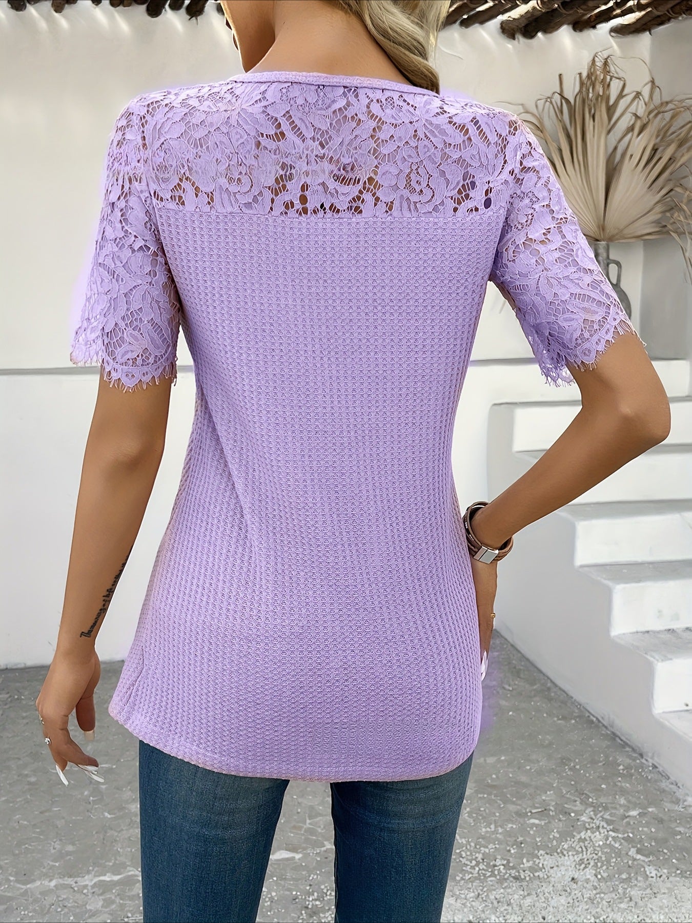 Solid Color Elegant Stylish Casual Short Sleeve V Neck Regular Tops