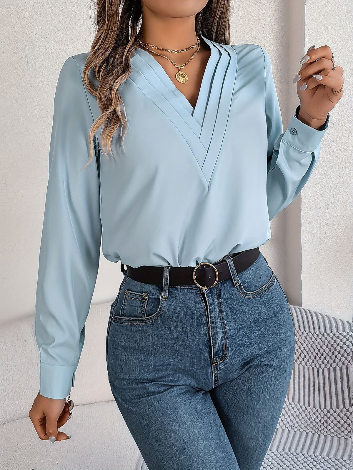 Solid Color V Neck Blouse, Elegant Long Sleeve Blouse