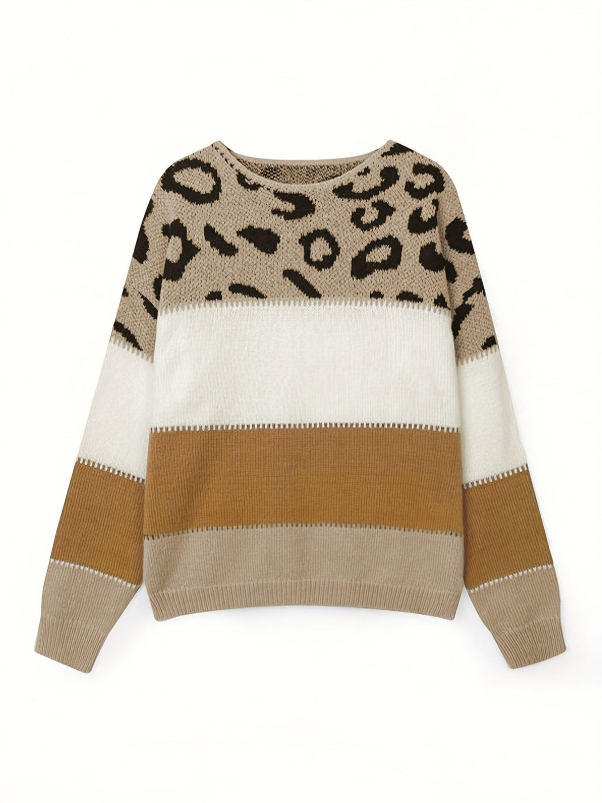 Chic Leopard Print Color Block Knit Sweater - Casual Crew Neck, Long Sleeve Pullover