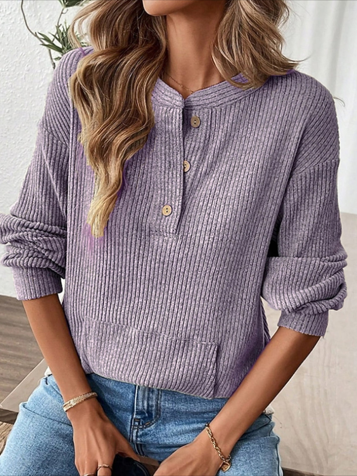 Ribbed Button Detail Long Sleeve T-Shirt
