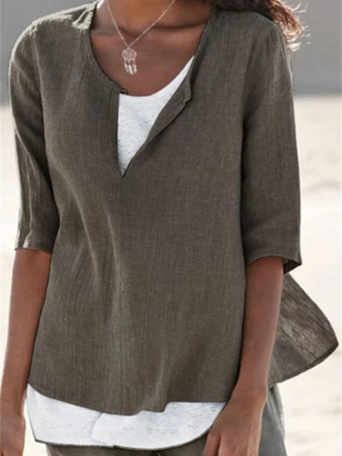 Solid Color Crew Neck Front Slit Stylish Pullover Top
