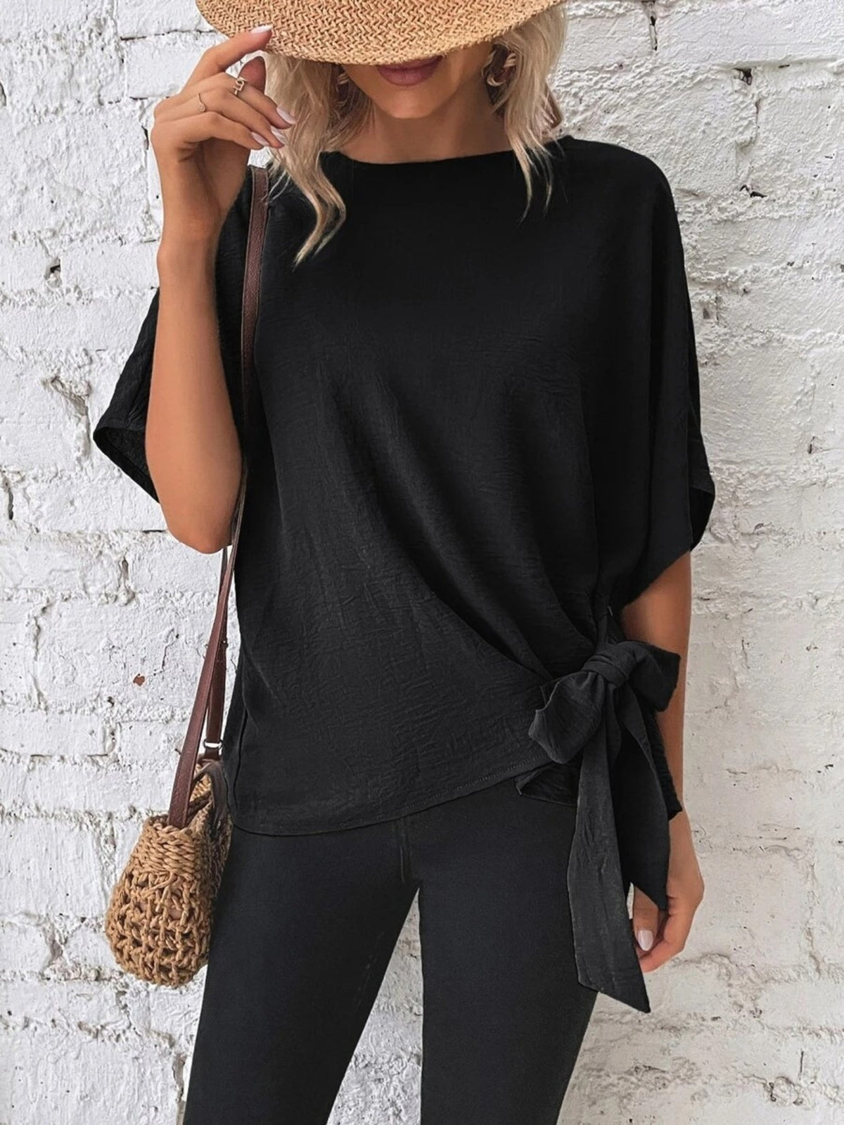 Stylish Solid Knotted Blouse - Comfortable Casual Crew Neck Asymmetrical Top