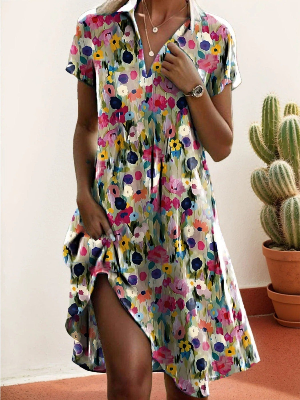 Women's Short Sleeve Floral Shirt Collar Daily Going Out Casual Midi Dress