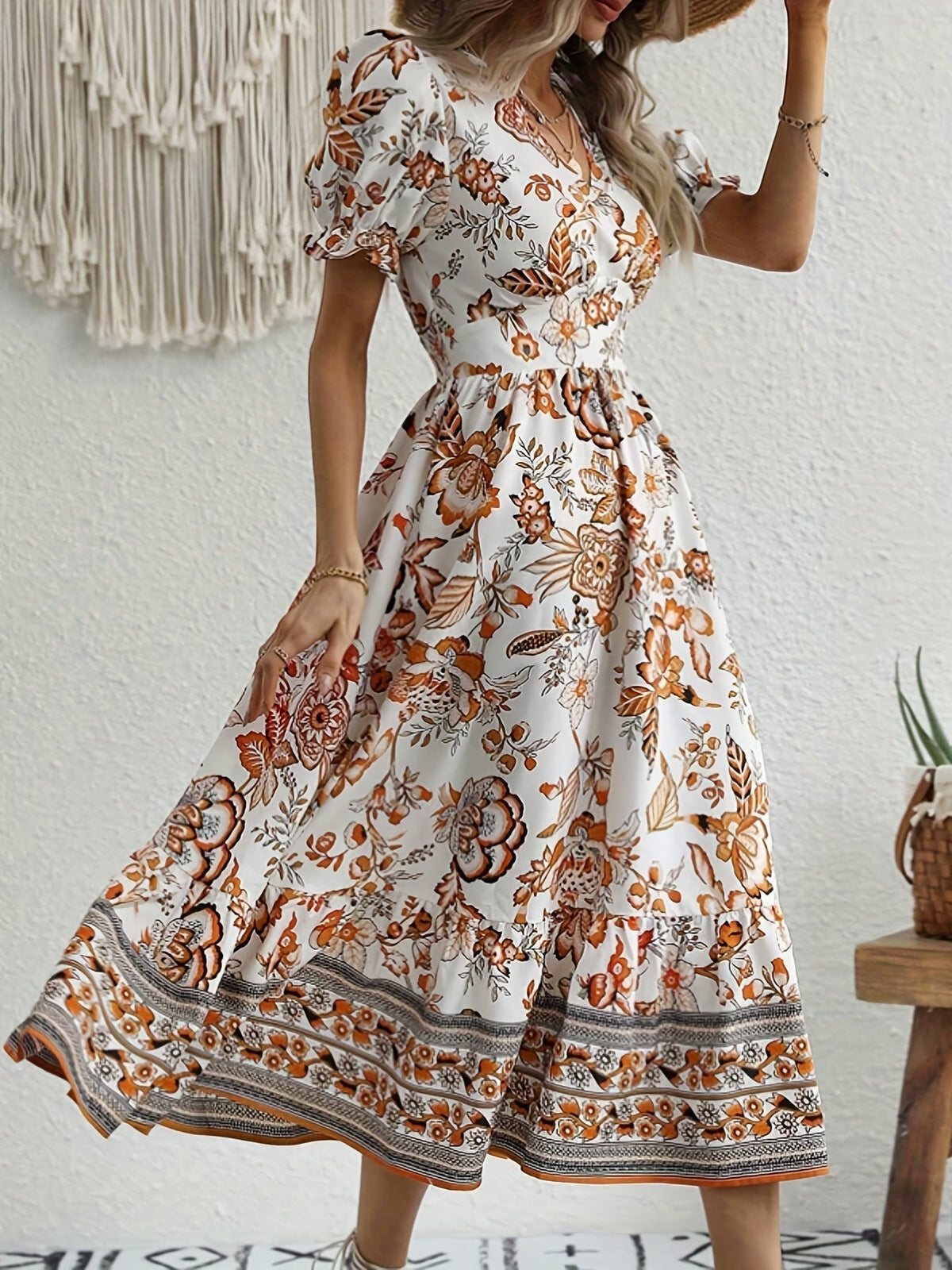 Floral Print V Neck Dress, Elegant Short Sleeve Dress