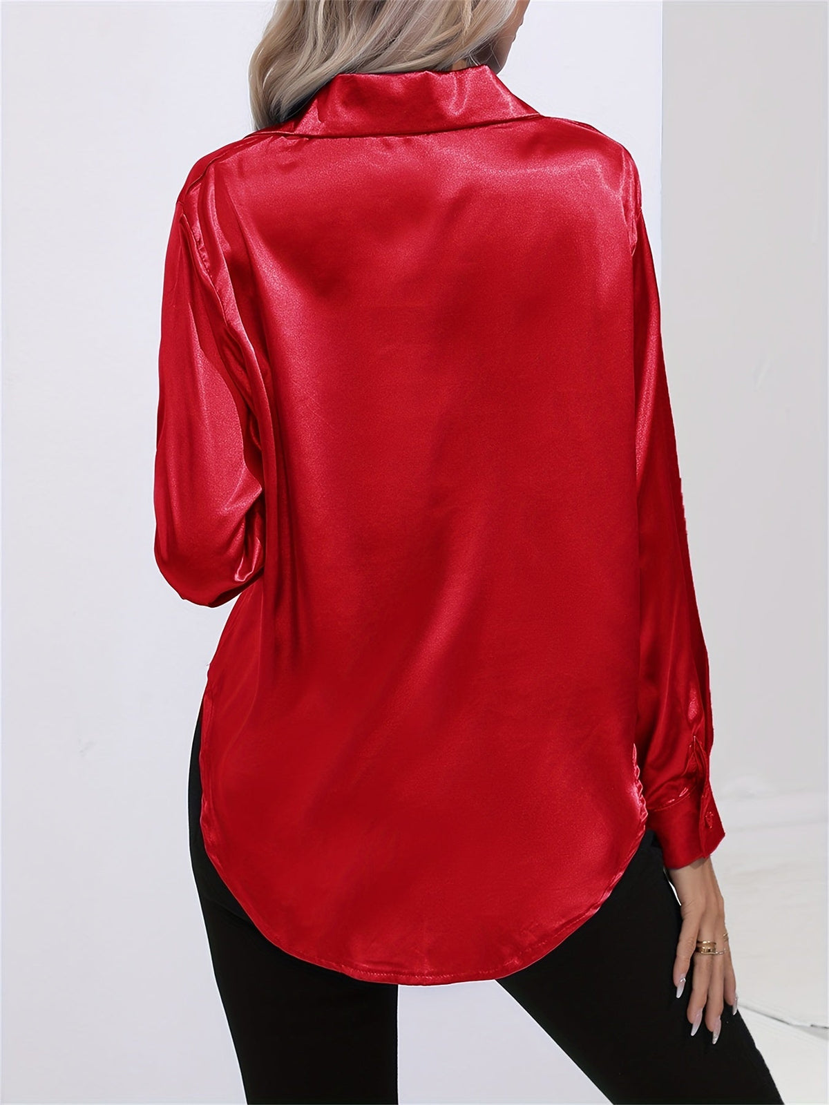 Lapel-collar Satin-satin-faux Silk Long-sleeved Shirt