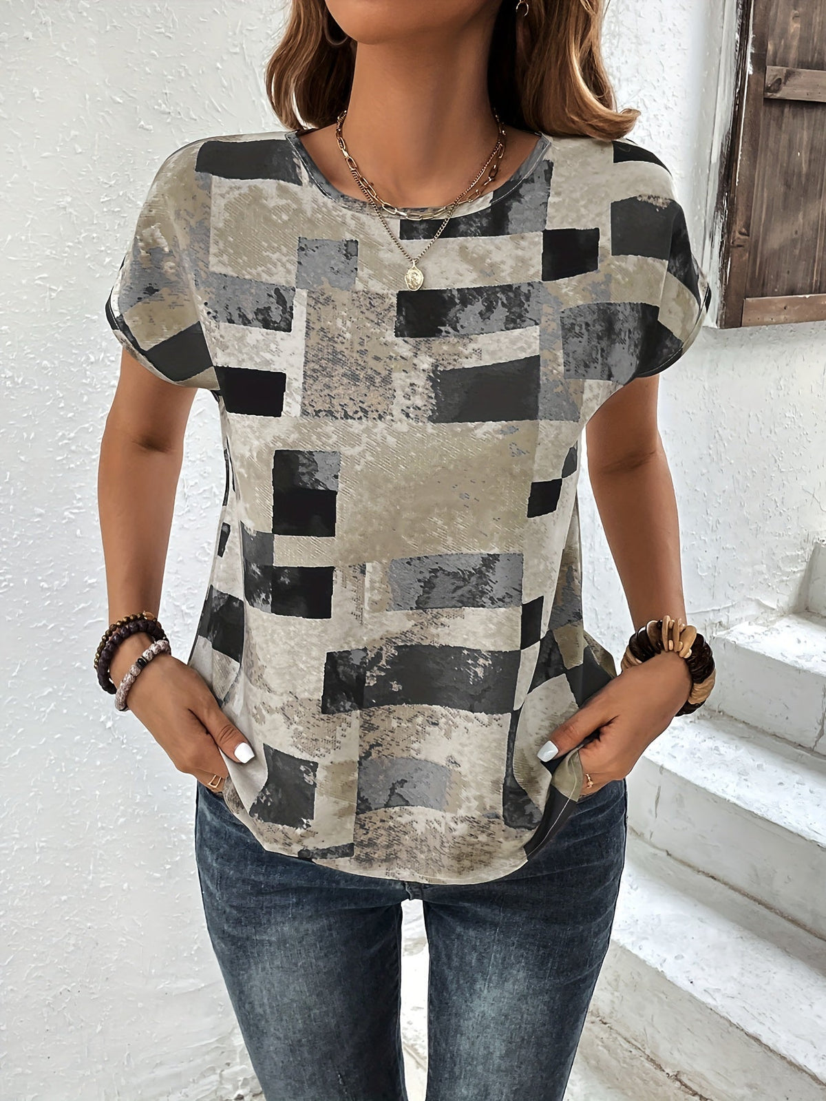 Graphic Print Crew Neck T-shirt, Short Sleeve Aztec Print Tops