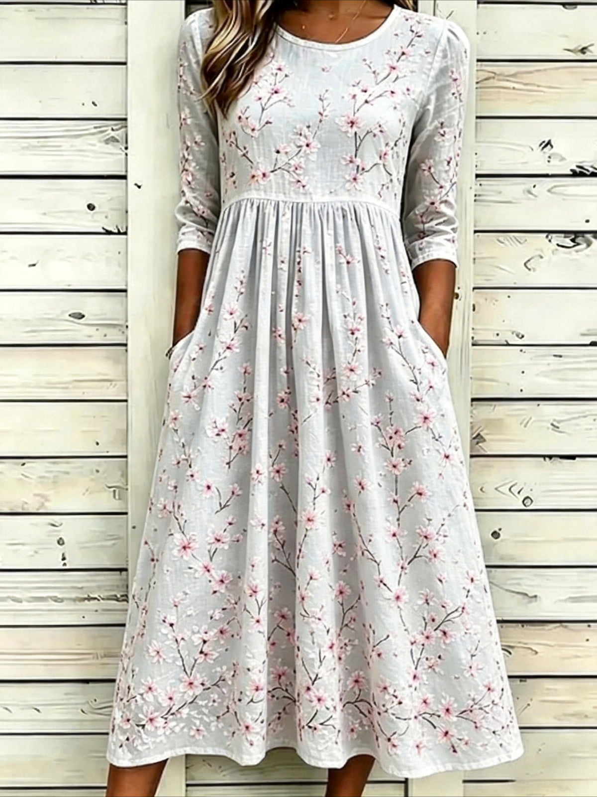 Flower Casual Round Neck Half Sleeve Mid Dress