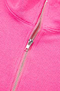 Pink Half Zipper Placket Bracelet Sleeve Top Casual Shorts Set