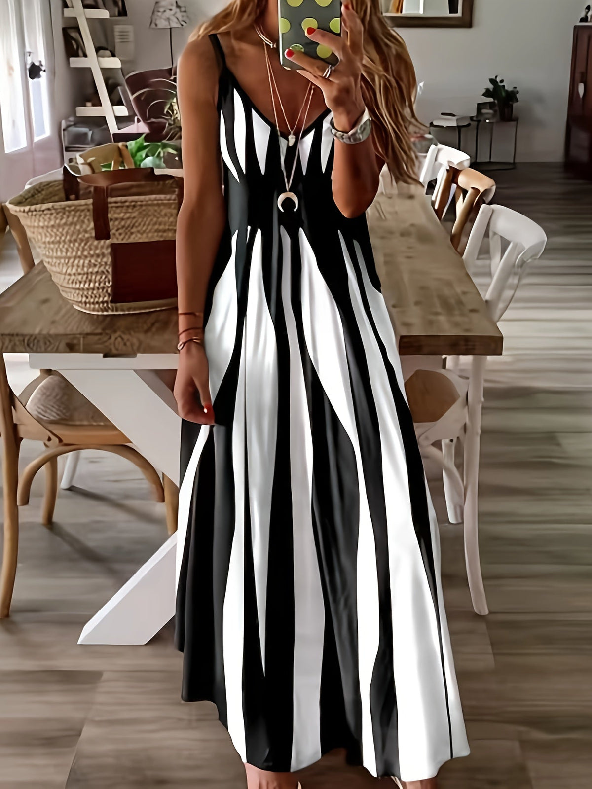 Geo Print V Neck Dress, Casual Spaghetti Strap Sleeveless Dress