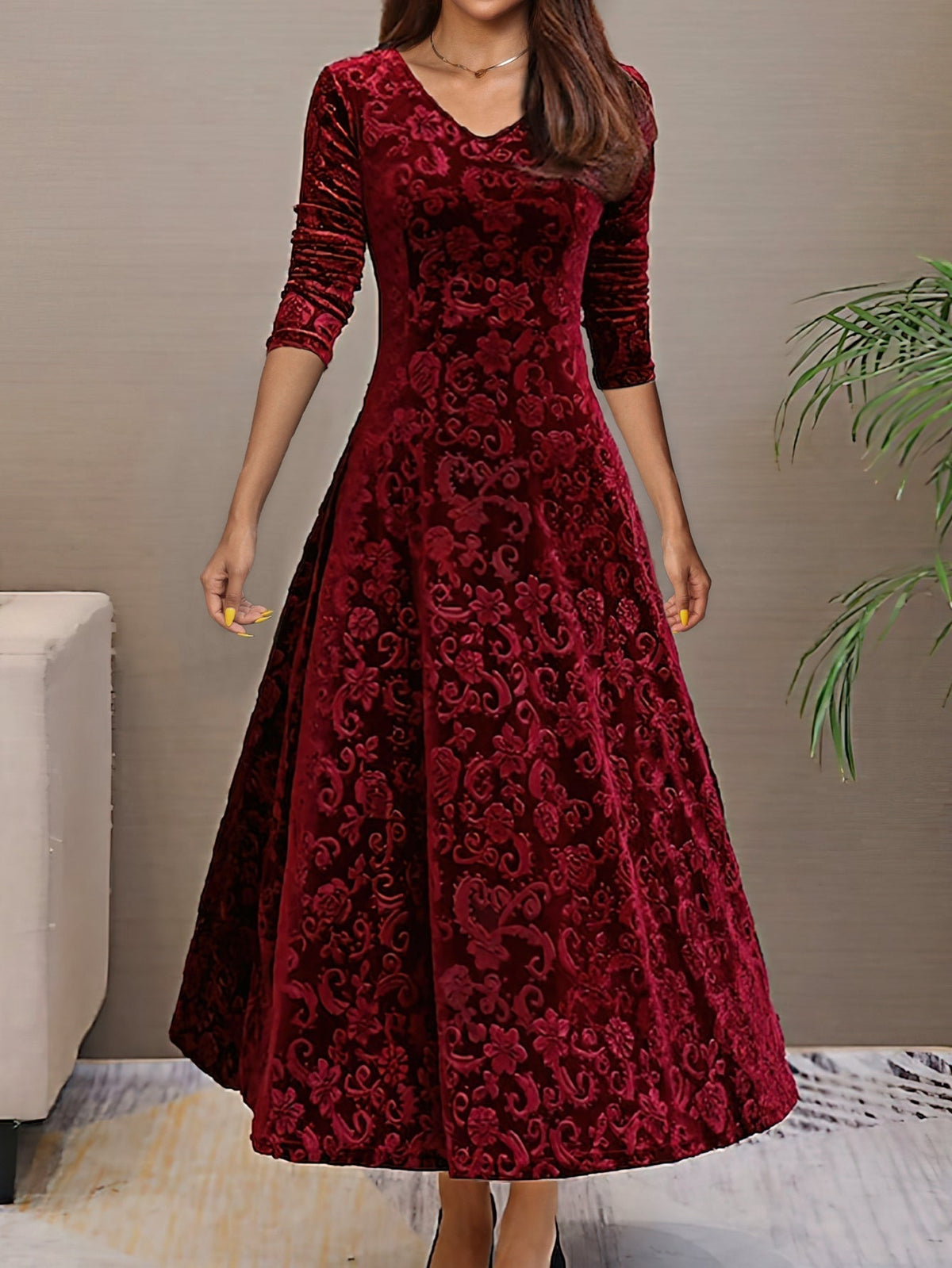 Solid Color Long Sleeve Dress, Elegant V Neck Flared Dress