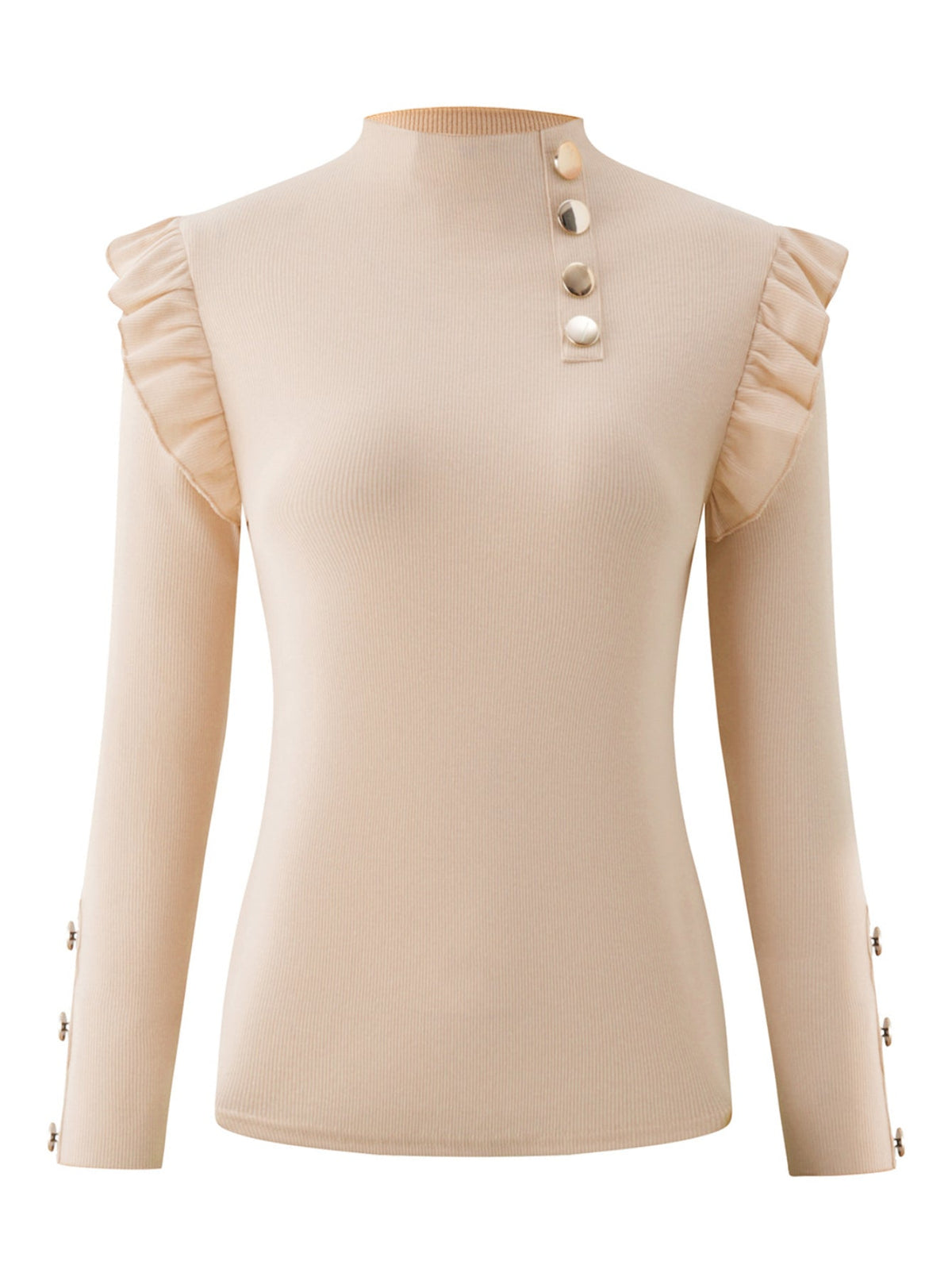 Solid Mock Neck Ruffle Trim Tee, Elegant Long Sleeve Slim T-shirt