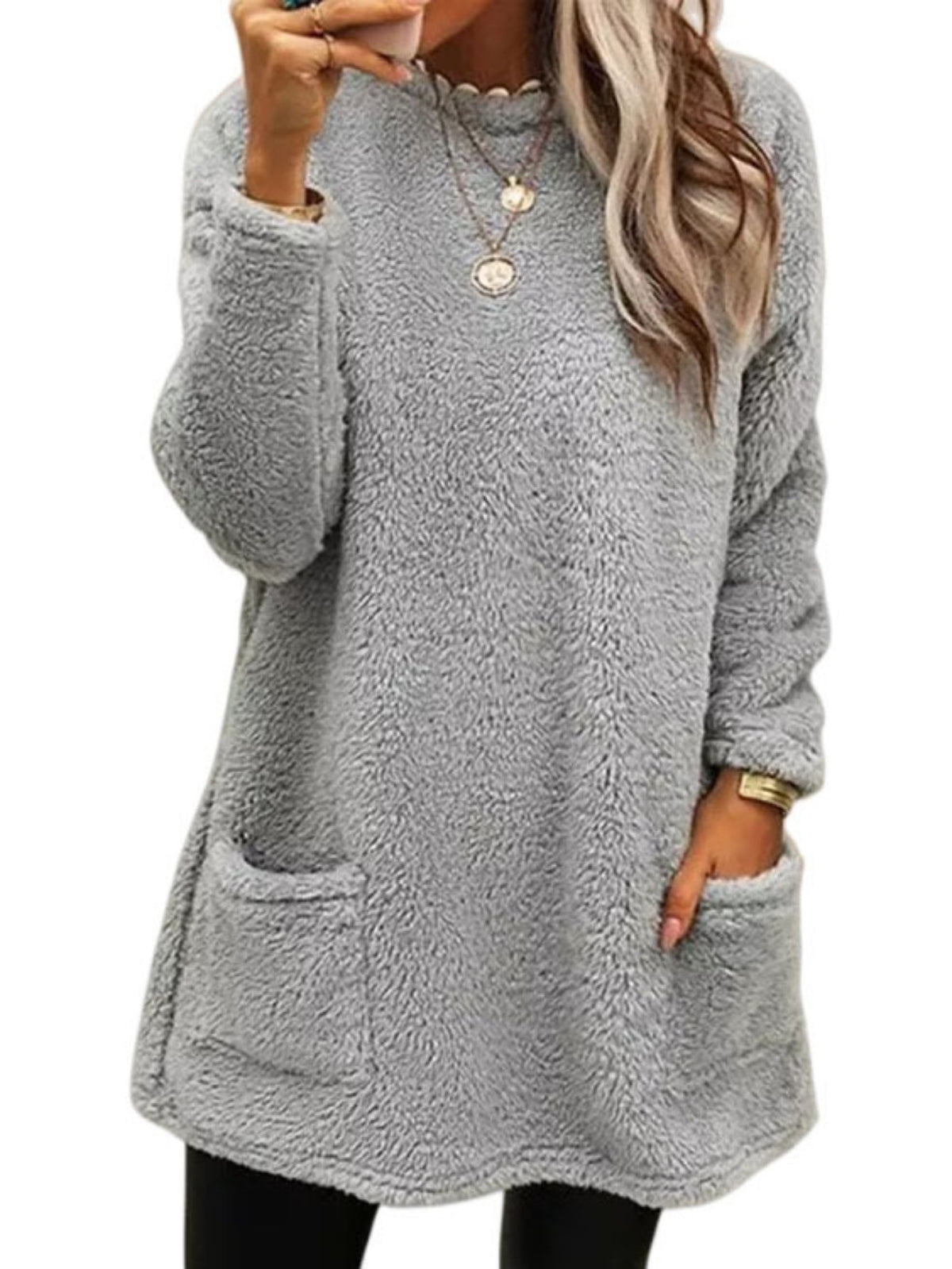 Solid Color Pullover Teddy Sweatshirt, Casual Long Sleeve Crew Neck Dual Pockets Sweatshirt