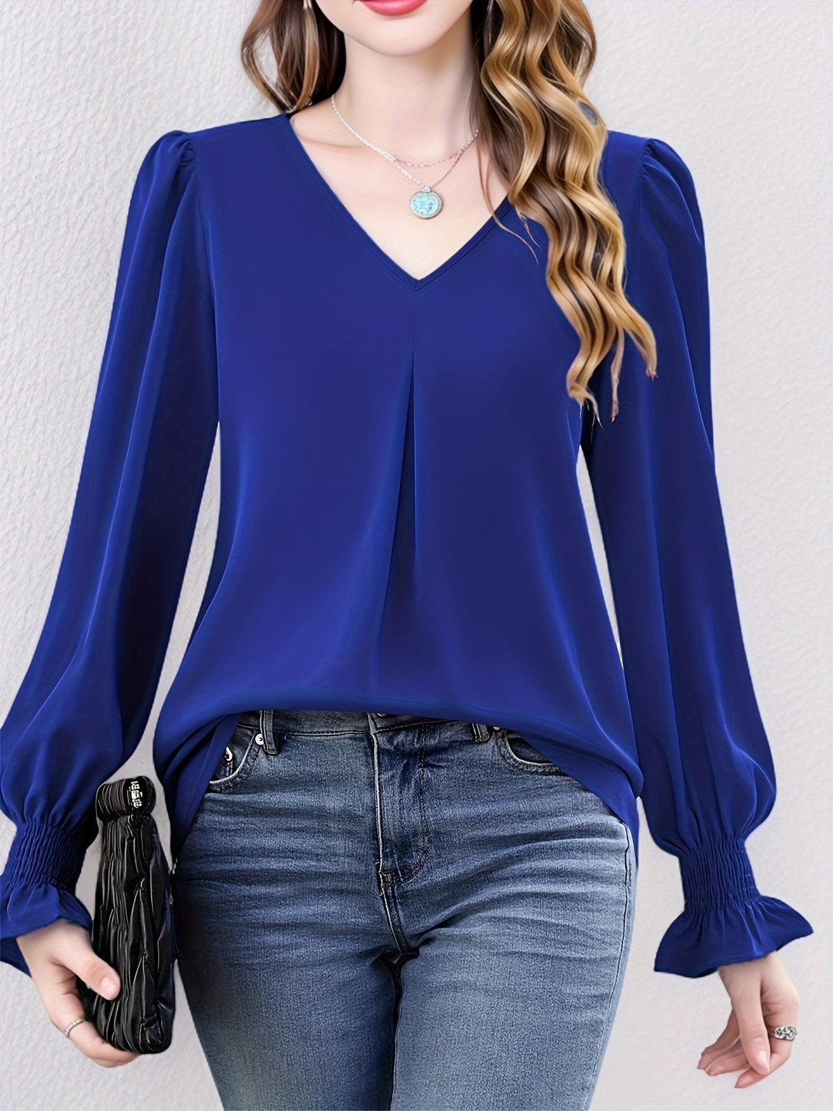 Solid V Neck Simple Blouse, Elegant Long Sleeve Ruched Blouse