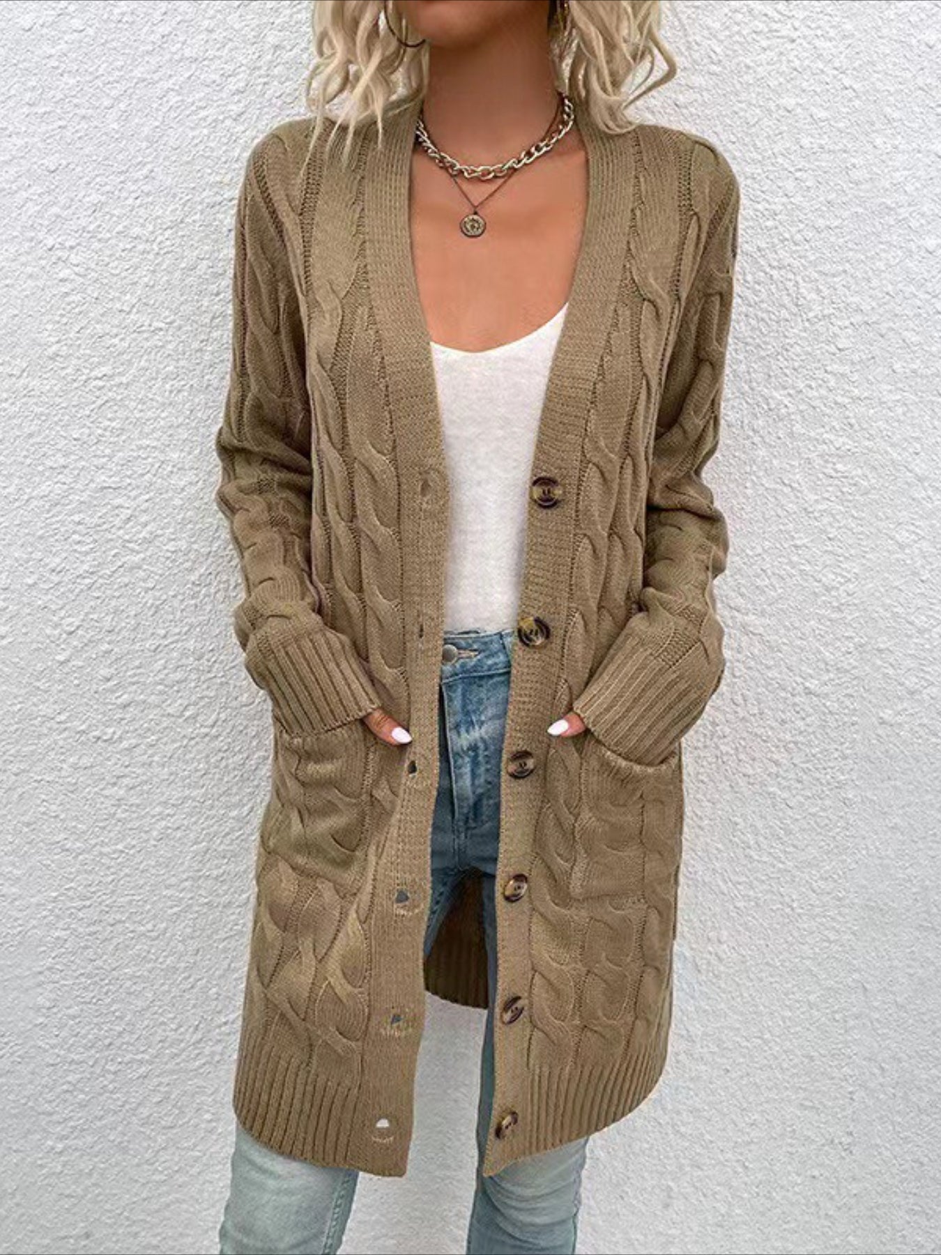 Elegant Long Nylon Soft Warm V-Neck Long Sleeves Sweater with Button Front