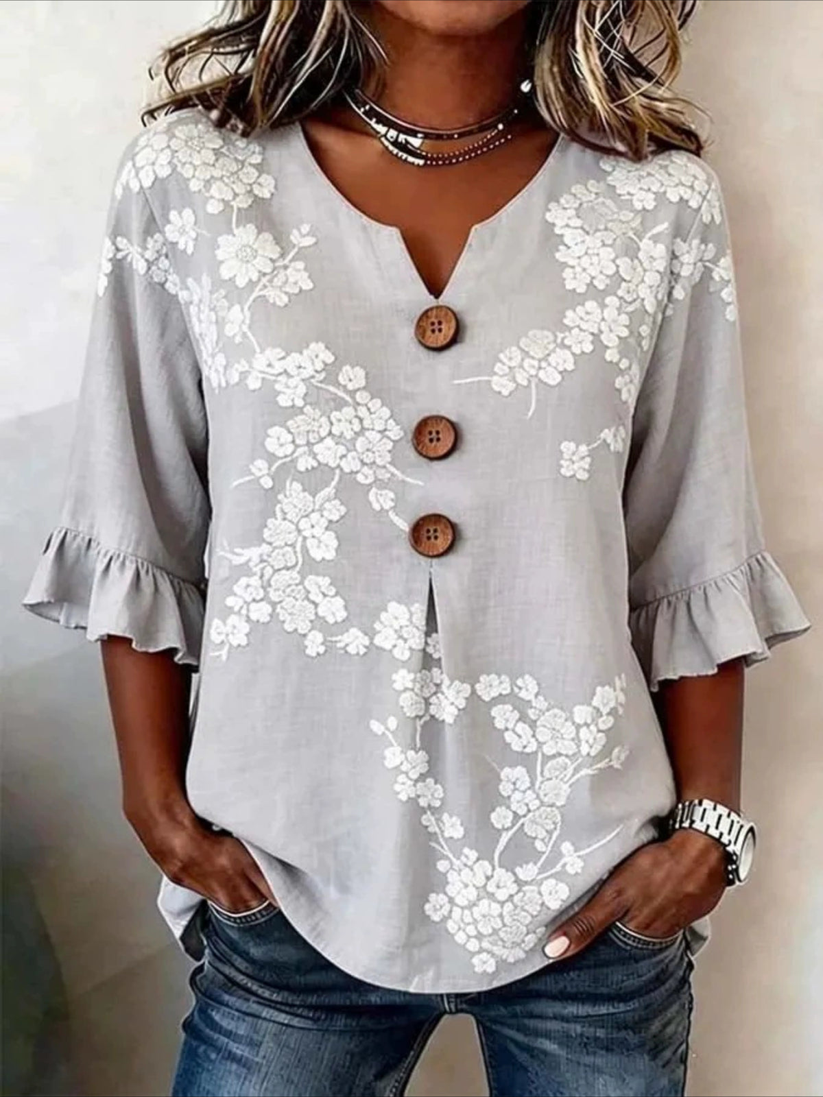 Floral V Neck Button Short Ruffle Sleeve Casual Top