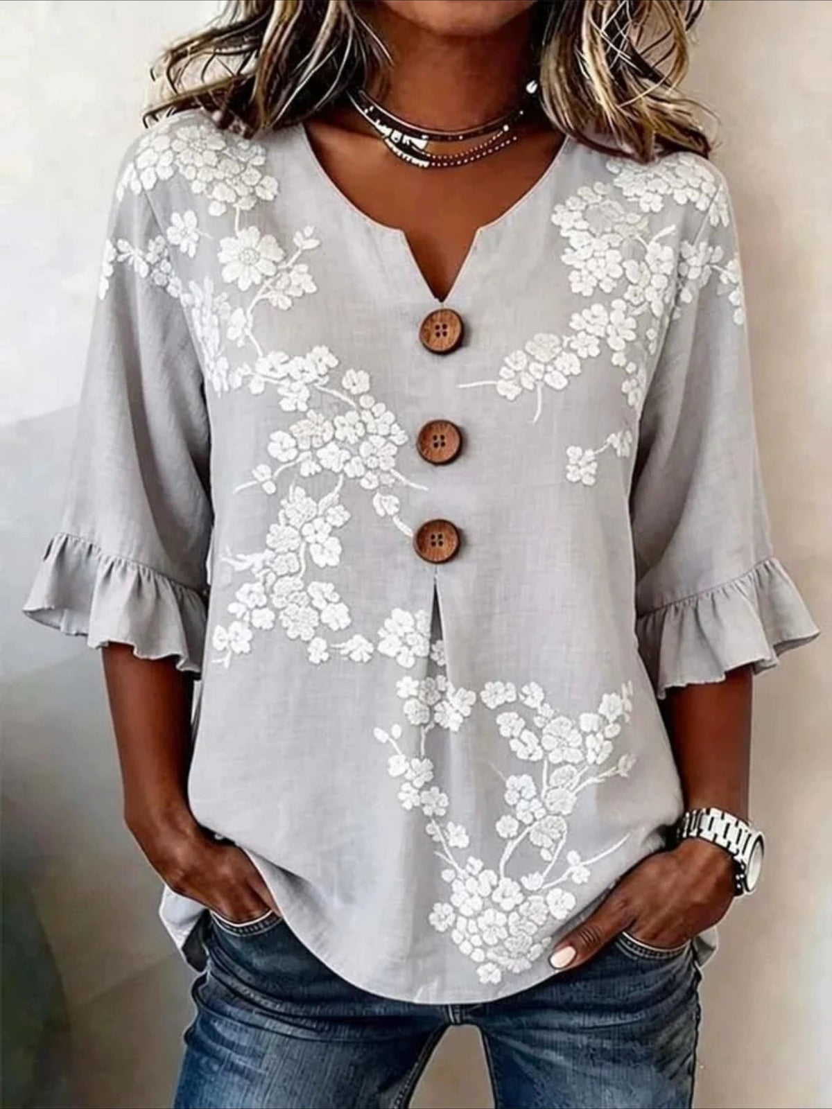 Floral V Neck Button Short Ruffle Sleeve Casual Top