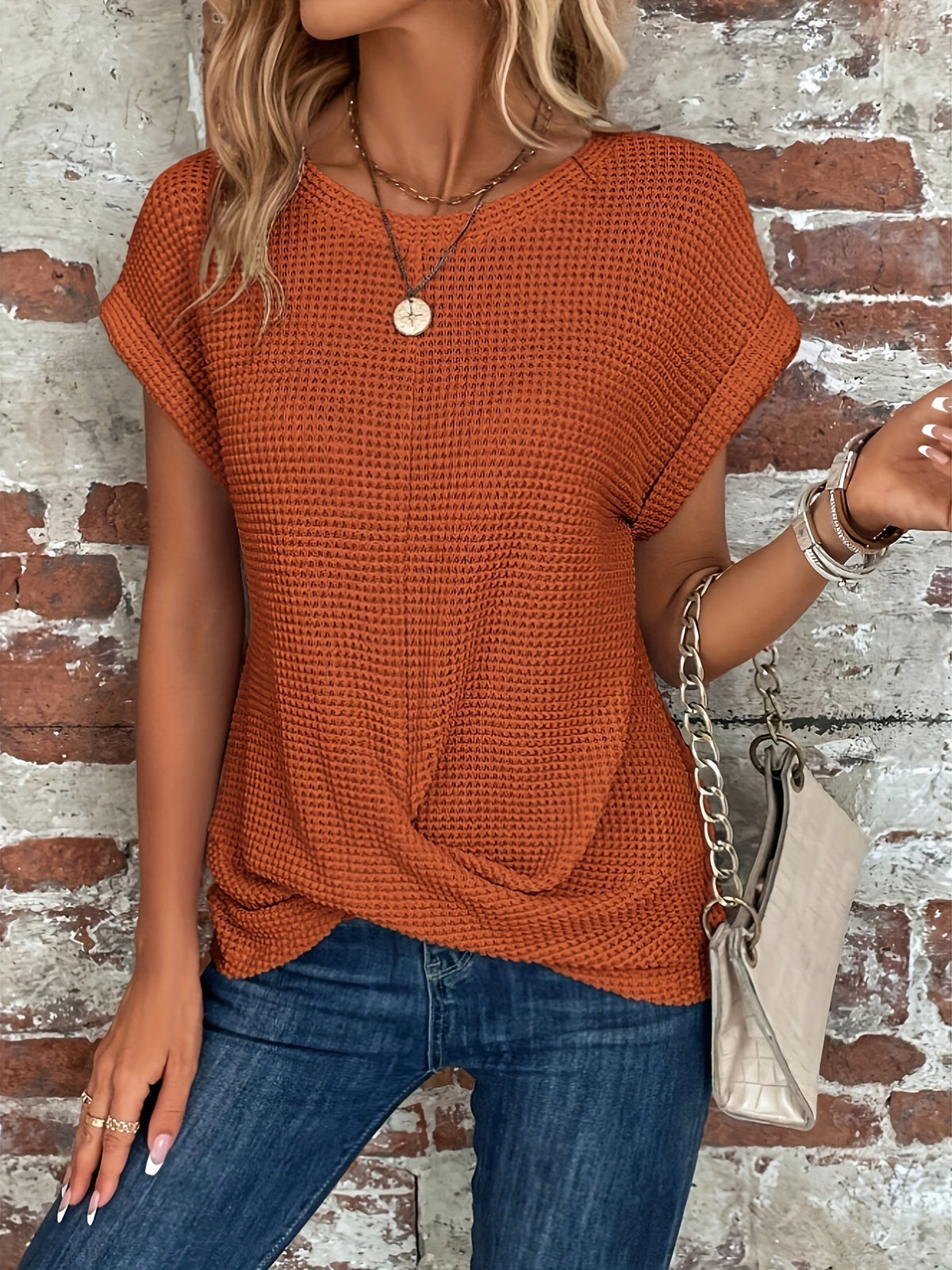 Twist Hem Crew Neck T-Shirt, Casual Short Sleeve T-Shirt
