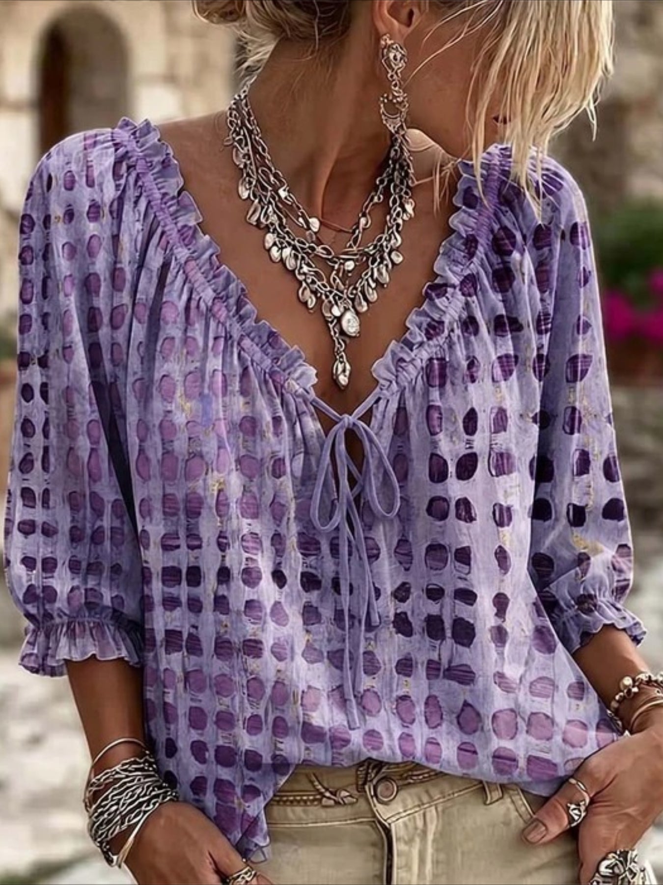 Abstract Geometric Polka Dot Printing Drawstring Fungus Edge V Neck Top