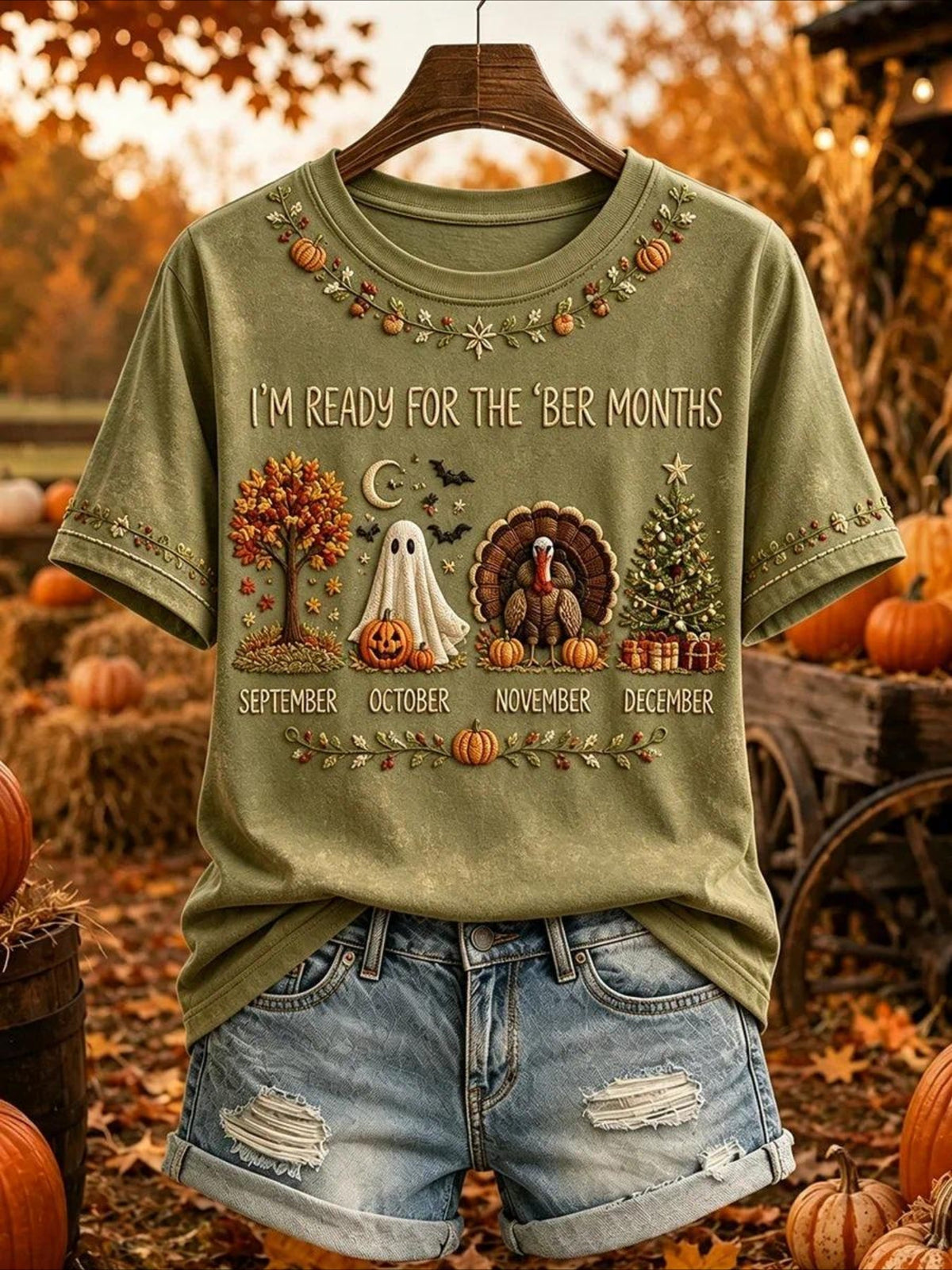 100% Cotton Casual Green Maple Leaf Printing Crew Neck Short Sleeve T-shirt