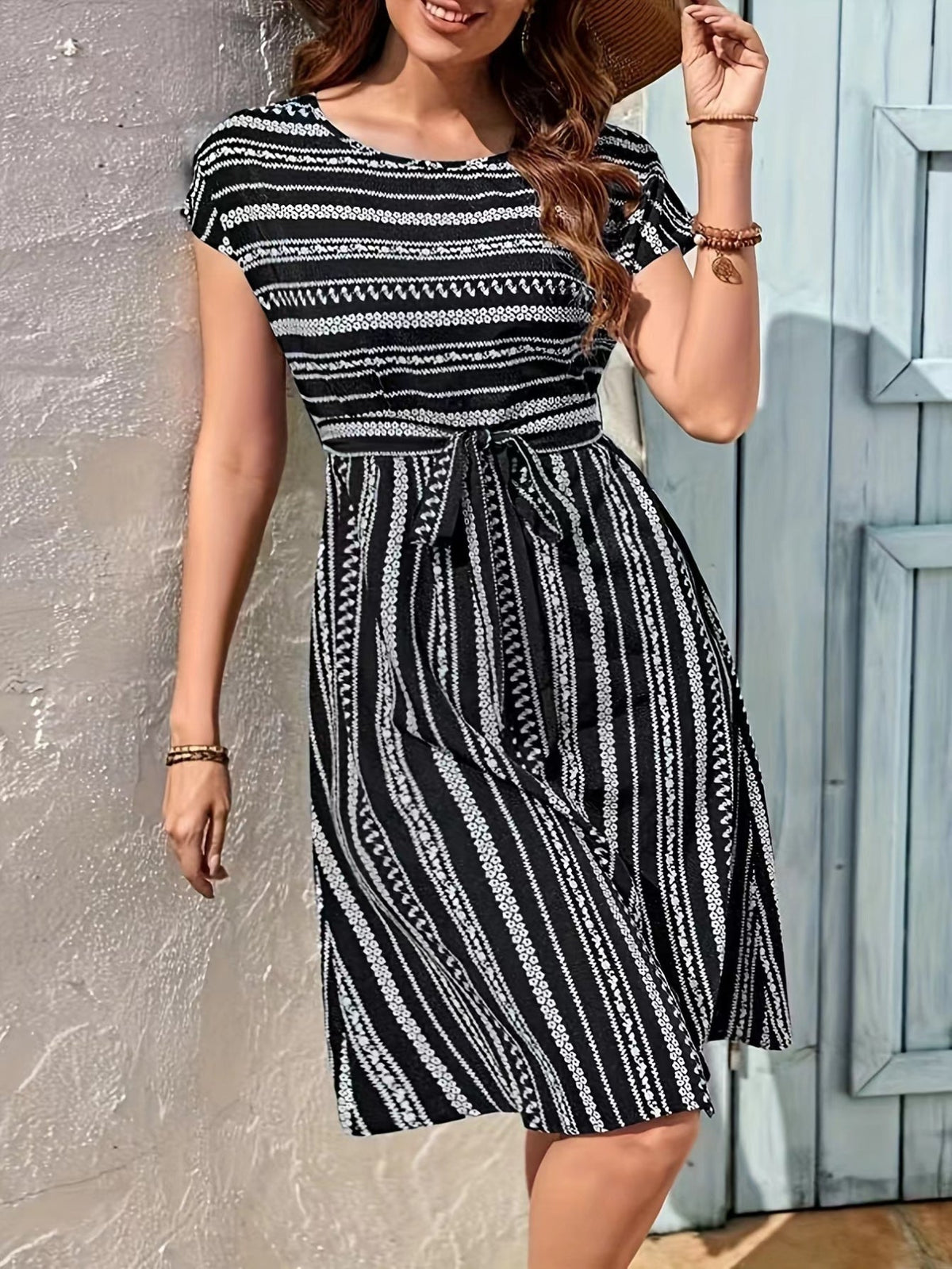 Striped Belted Dress, Vacation Crew Neck Short Sleeve Dress