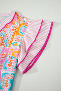 Rose Plus Size Geometric Print Contrast Trim Striped V Neck Blouse