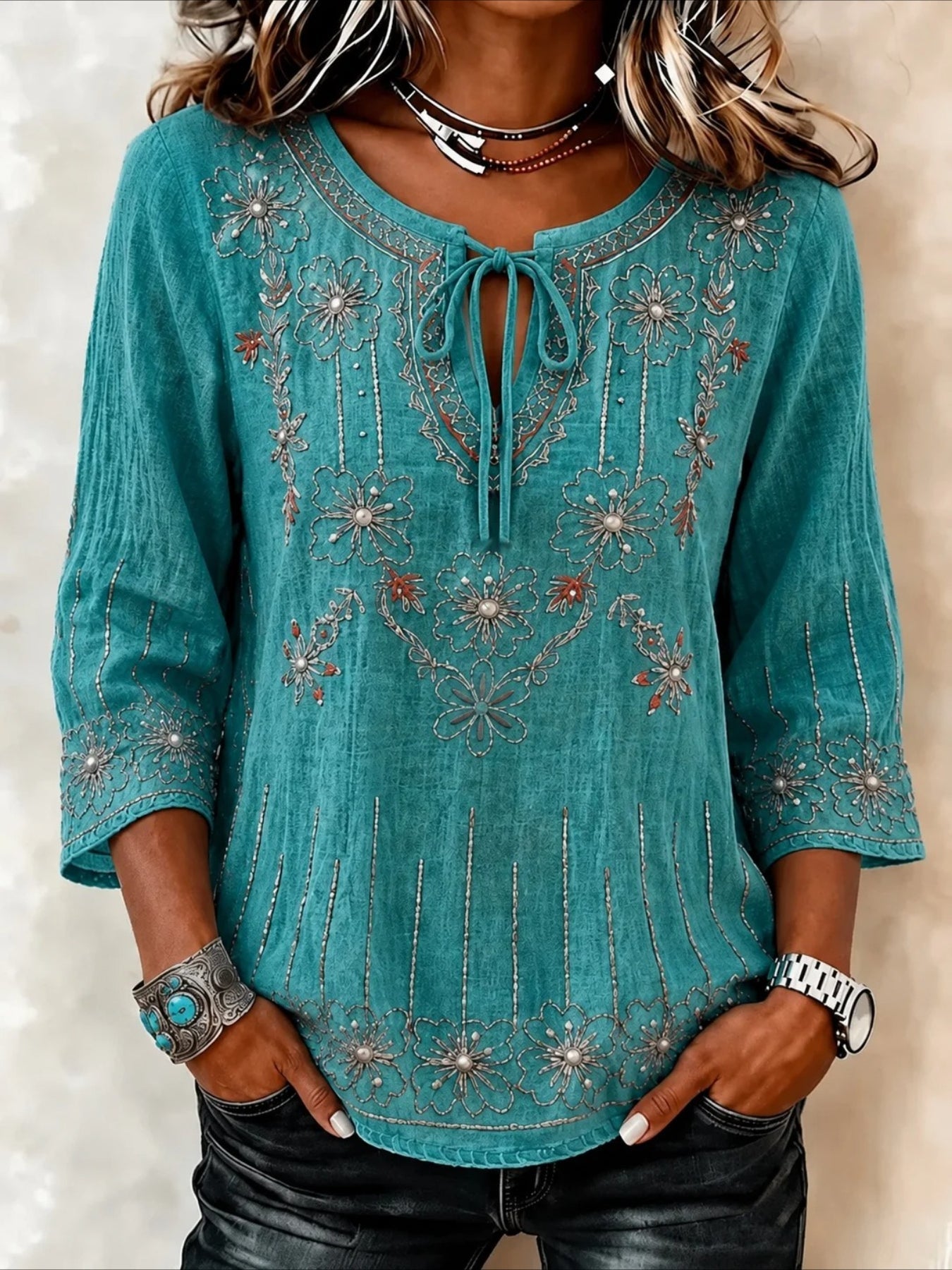 Crew Neck Long Sleeve Print Loose Top
