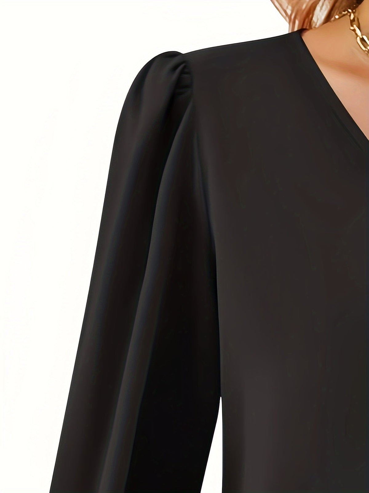 Solid V Neck Simple Blouse, Elegant Long Sleeve Ruched Blouse