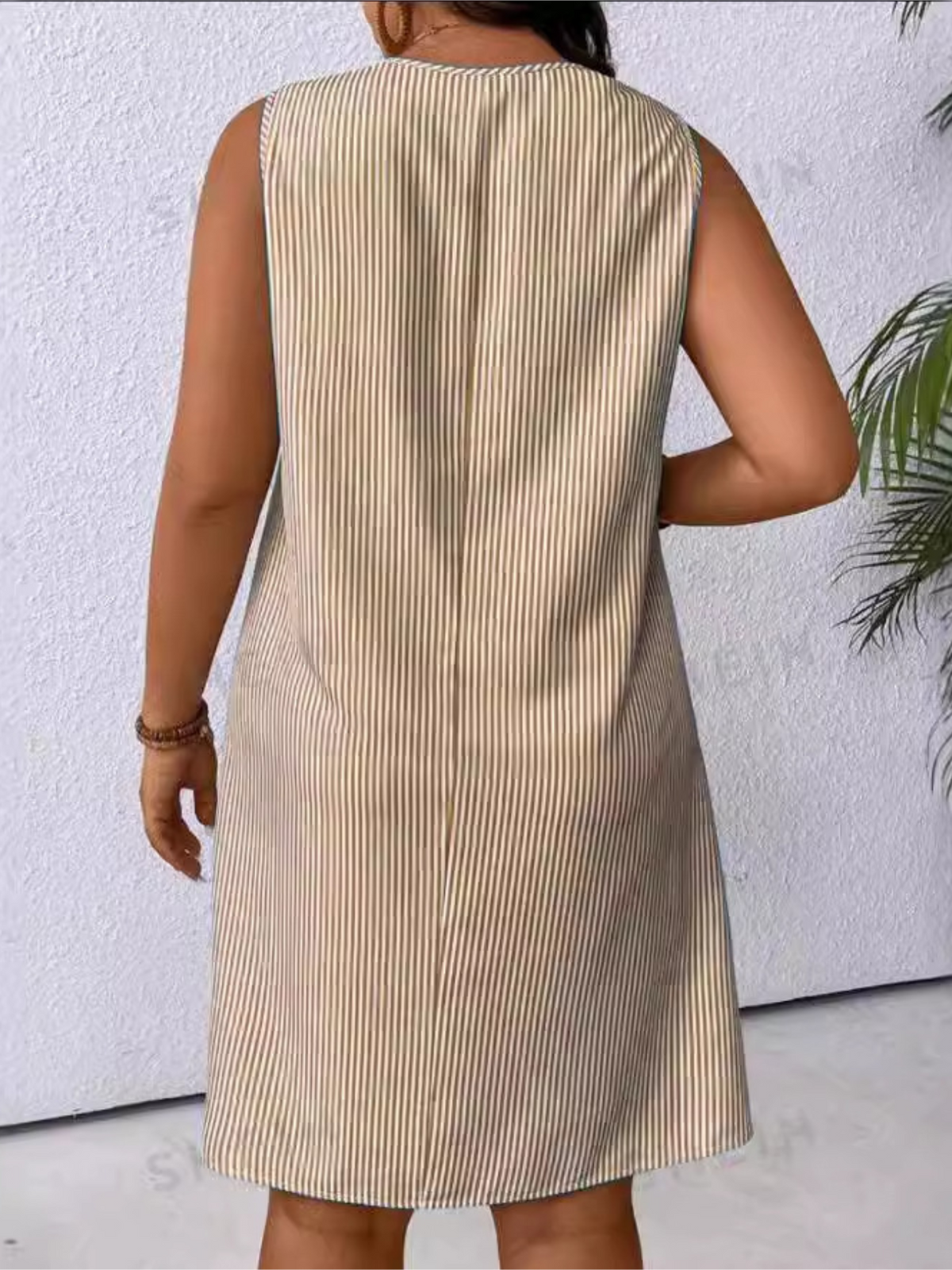 Striped Print Ring Decor Dress, Casual Pockets V-neck Dress