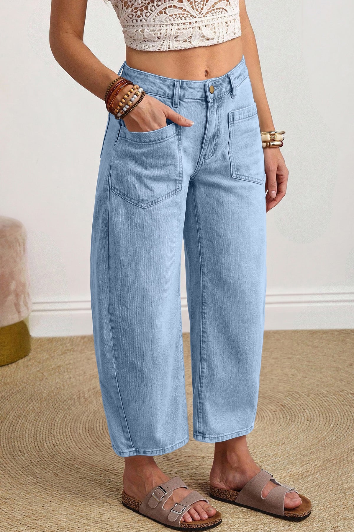 Beau Blue Solid Color Square Patch Pocket Ankle-length Barrel Jeans