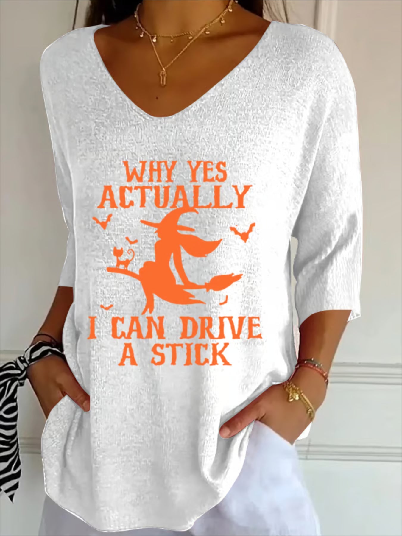 Halloween Printing Three Quarter Sleeve V Neck Casual Graphic Tee