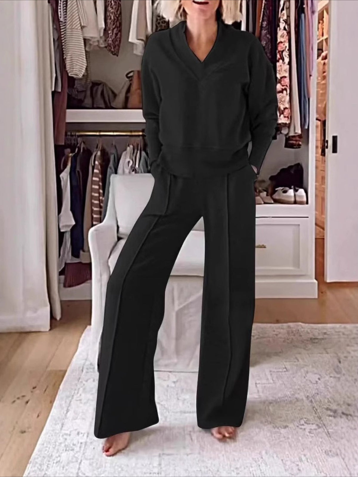 Split Joint Plain Daily Going Out Casual Spring/Fall Top With Pants Matching Two-Piece Set