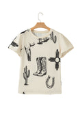 Beige Retro Western Print T Shirt