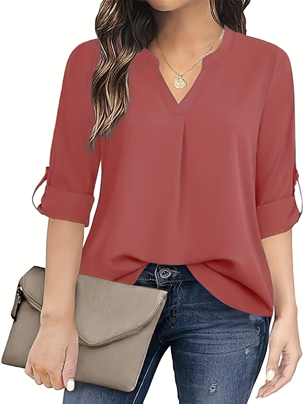 Solid Simple Blouse, Casual V Neck Long Sleeve Blouse