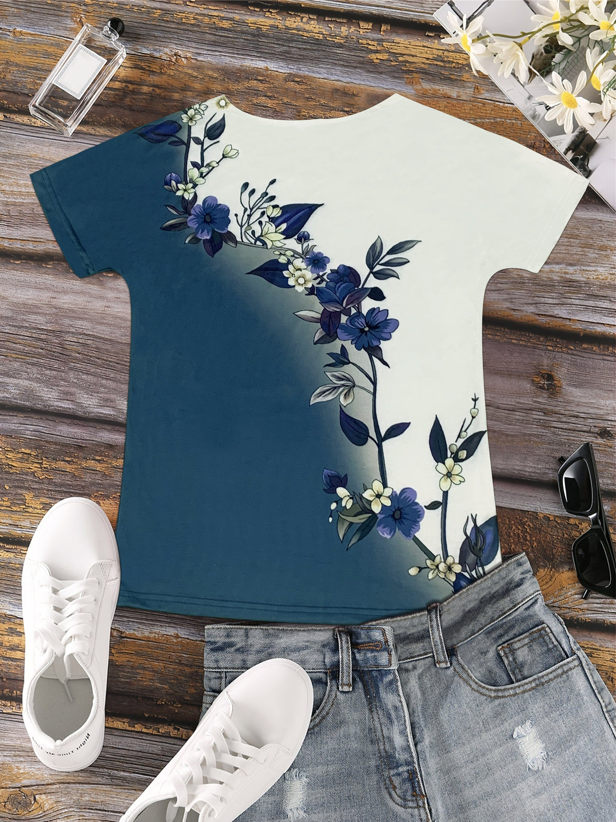 Short Sleeve Floral Print Colorblock Crew Neck T-Shirt