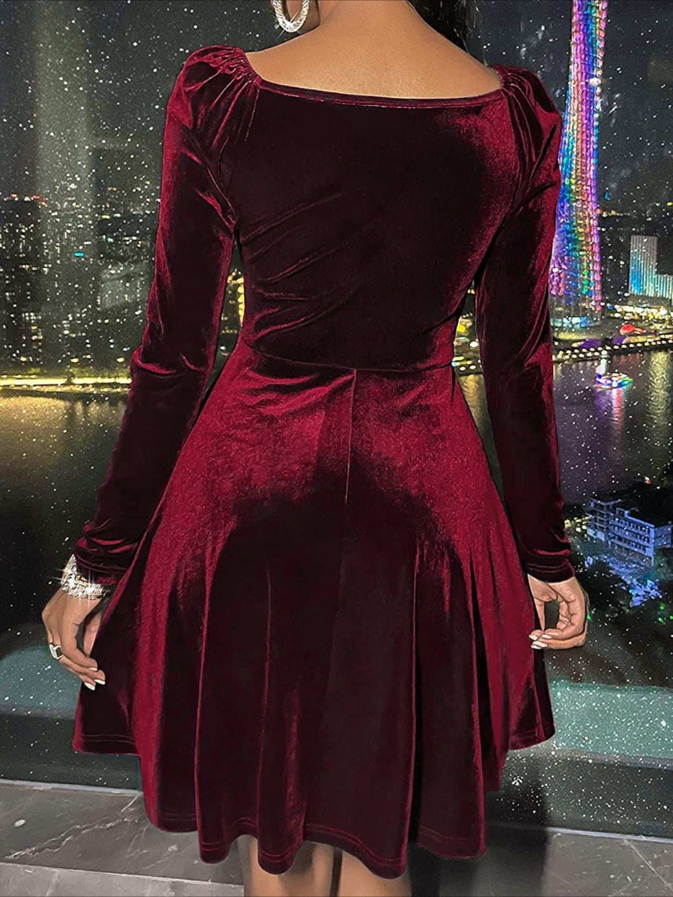 Plain Spring/Fall V Neck Long Sleeve A-Line Midi Dress