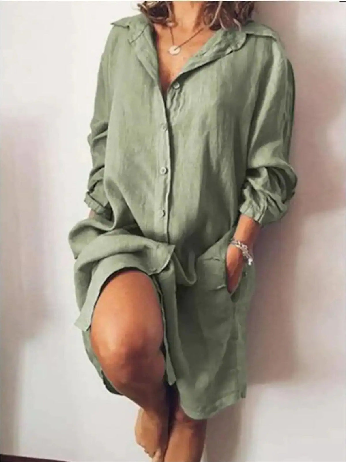 Button Front Solid Shirt Dress, Casual Long Sleeve Long Length Dress