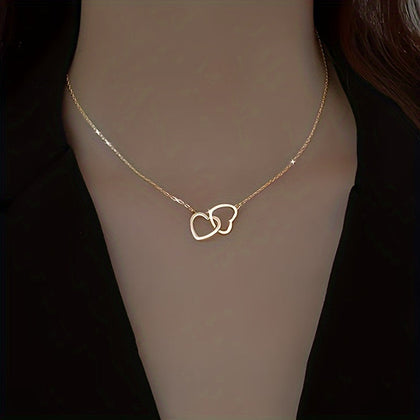 Simple Elegant Hollow Heart Pendant Necklace, Alloy Double Loop Design, Fashionable Daily Wear Jewelry, Ideal Valentine'S Day Gift for Her