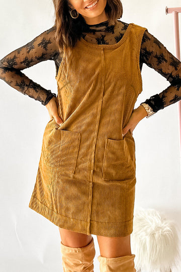Beige Corduroy Sleeveless Mini Dress With Patched Pockets
