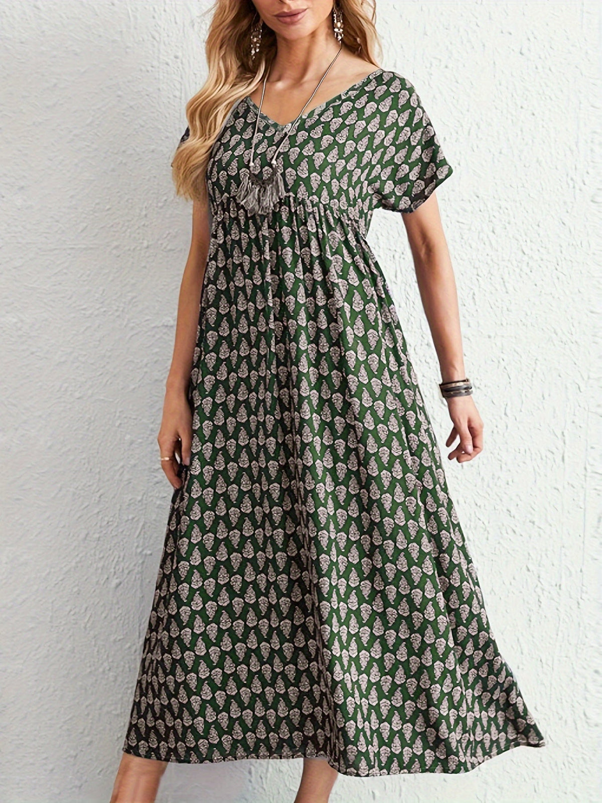 All Over Print Dress, Casual V Neck Short Sleeve Dress