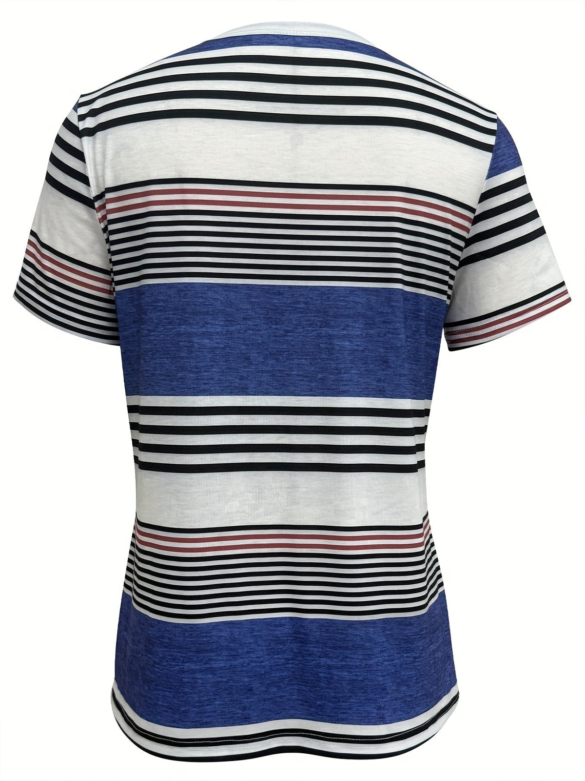 Button Front Vibrant Striped Short Sleeve Crew Neck T-Shirt