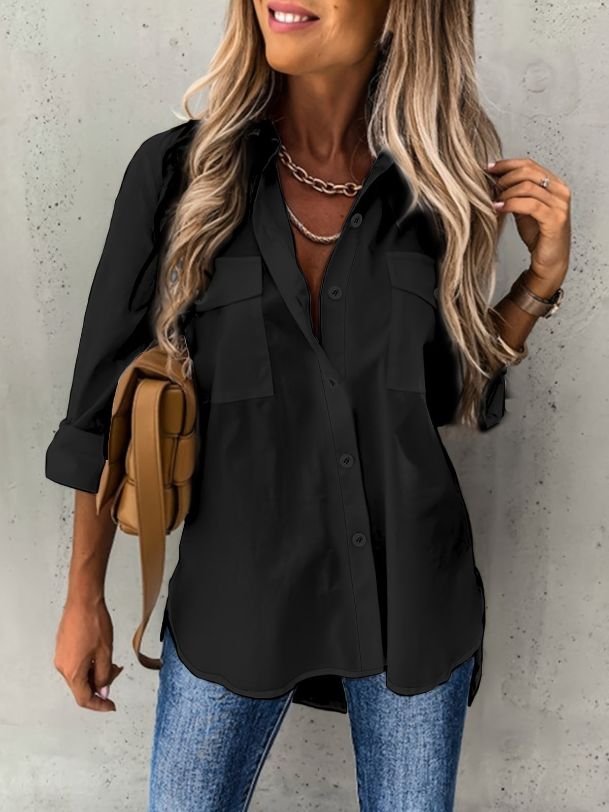 Button Front Long Sleeve Shirt, Casual Solid Office Shirt With Collar