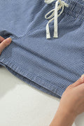 Blue Stripe Drawstring Elastic Waist Casual Denim Shorts